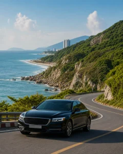 Xe taxi màu đen di chuyển trên cung đường ven biển Vũng Tàu Hồ Tràm
